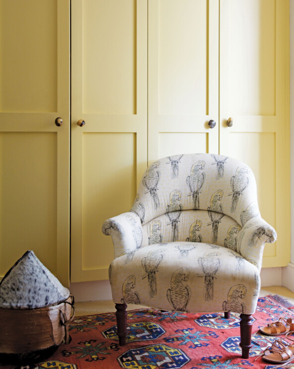 A parrot printed white chair rests on a red rug in front of pale yellow closet doors