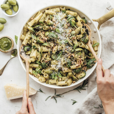 Rigatoni with Brussels Sprouts, Kale Pesto, and Lemon--easy and healthy pasta dinner recipe