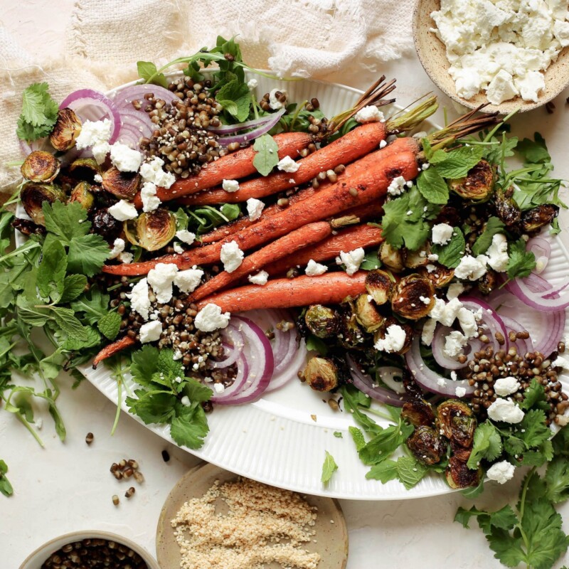 plant based reset - roasted carrot and brussels sprouts salad with lentils