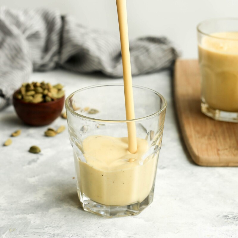 salty mango lassi - a refreshing summer drink with mango, black salt, yogurt, and cardamom