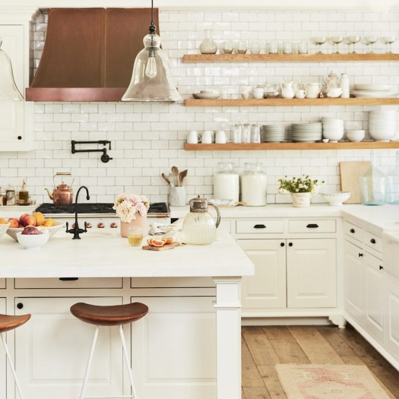 Lauren Conrad's White Kitchen with Copper Hood and Open Shelving