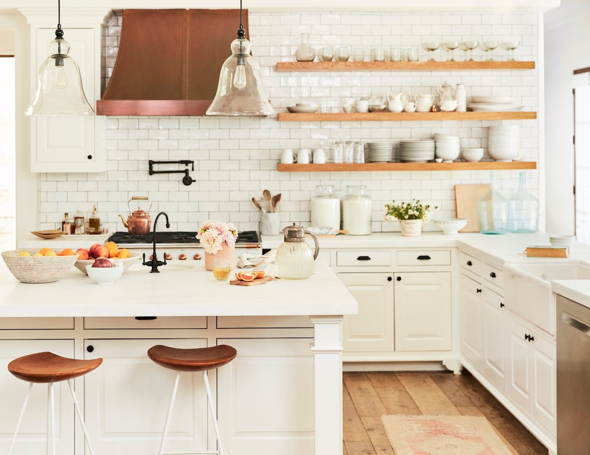 Lauren Conrad's White Kitchen with Copper Hood and Open Shelving