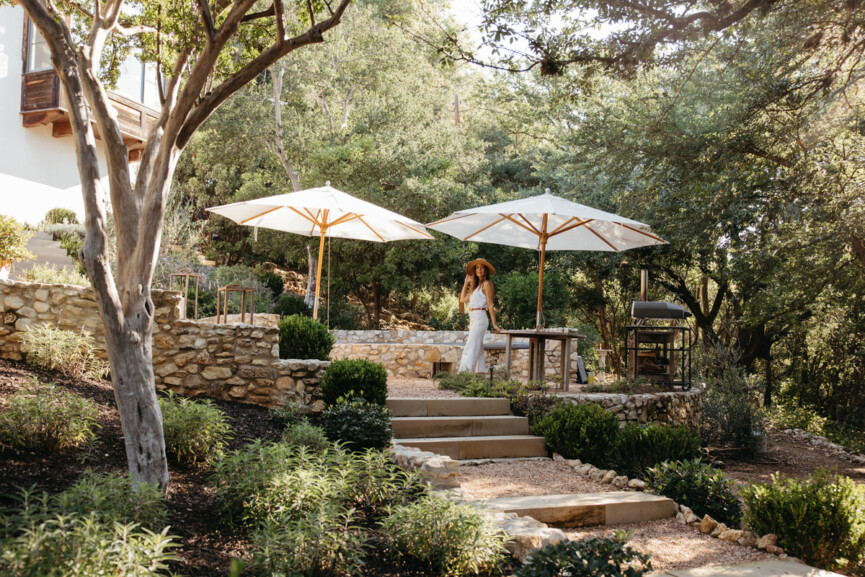 backyard landscaping ideas umbrellas in a mediterranean yard