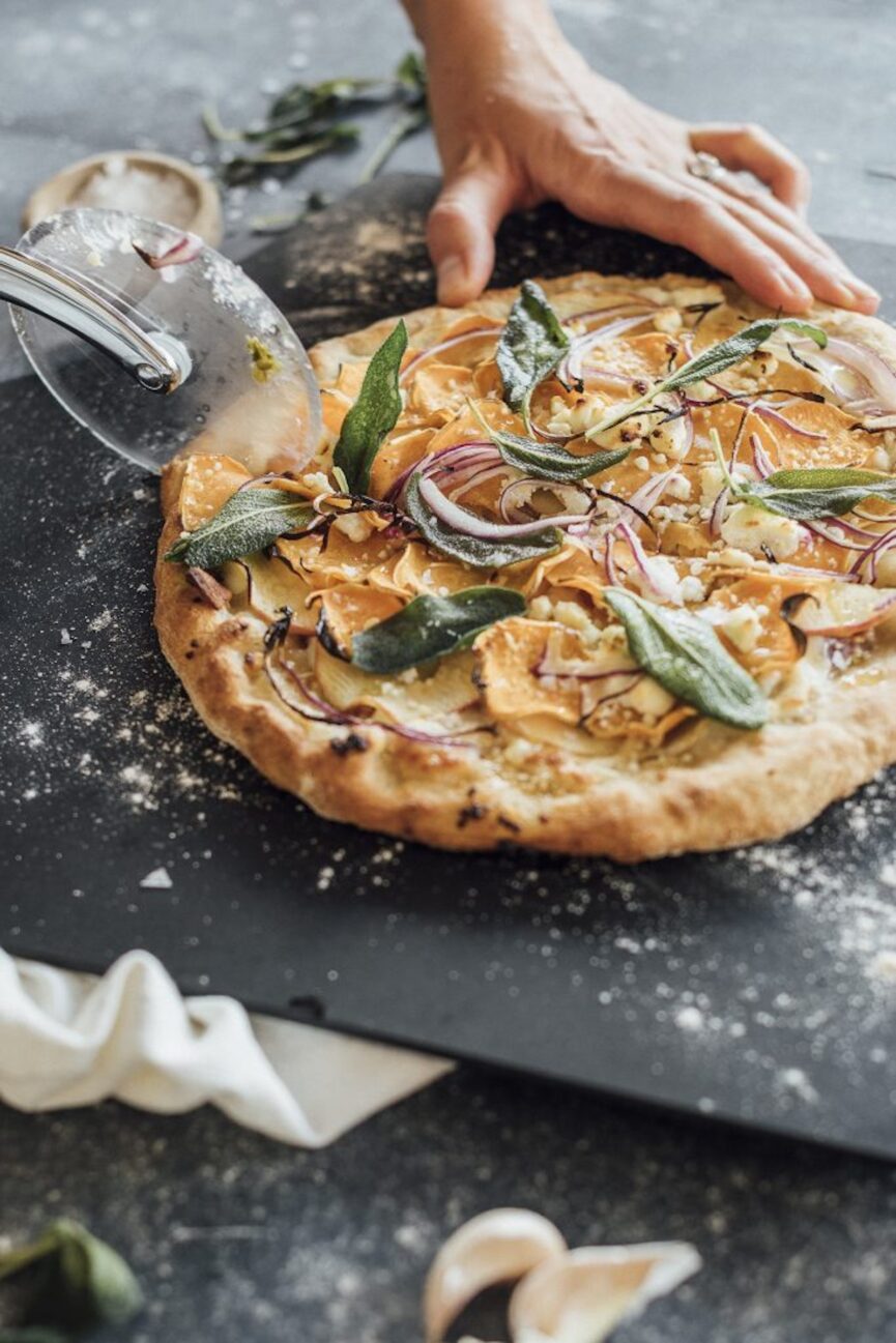 bacon, apple, and sweet potato pizza