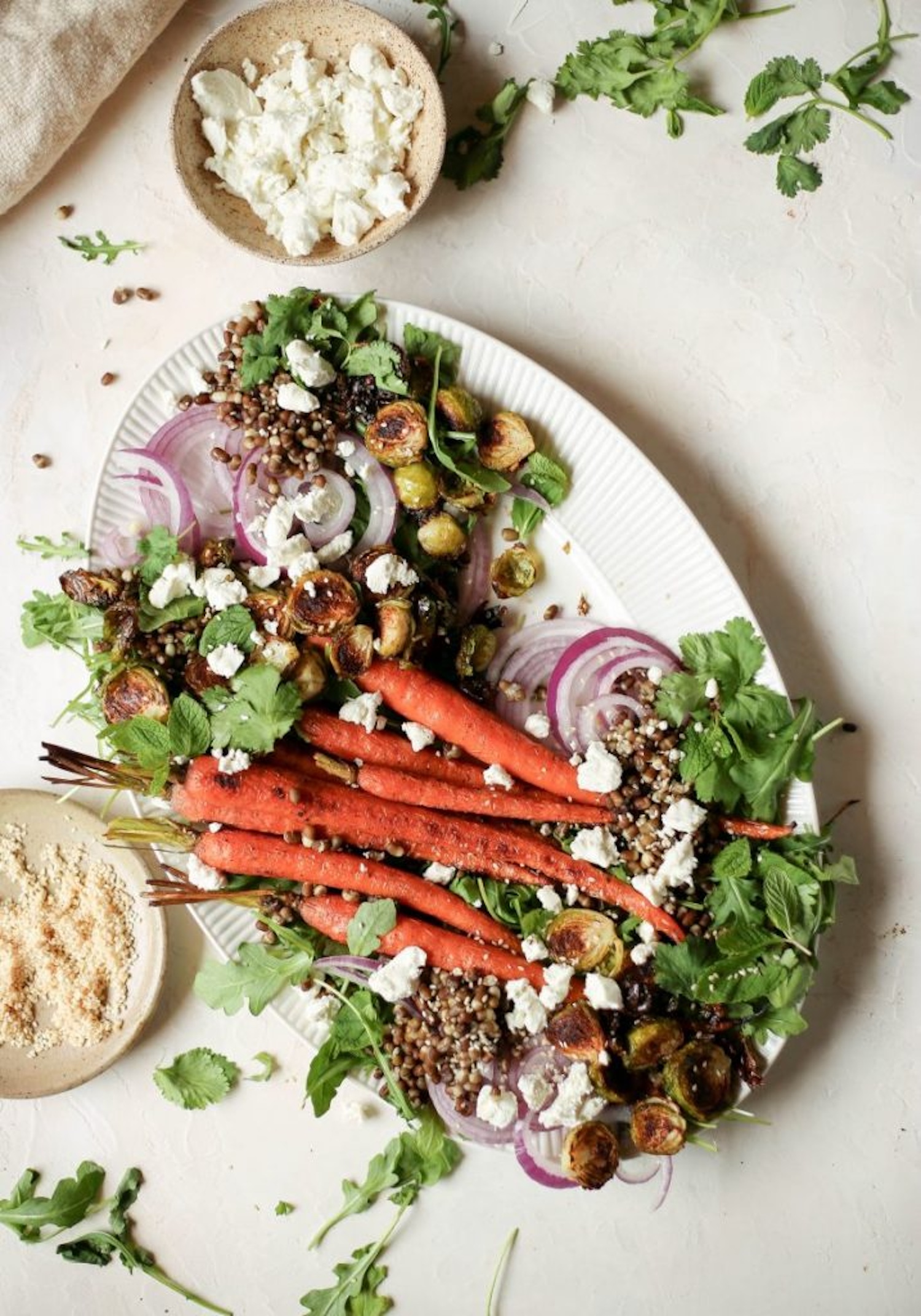 black lentil salad with roasted vegetables & goat cheese