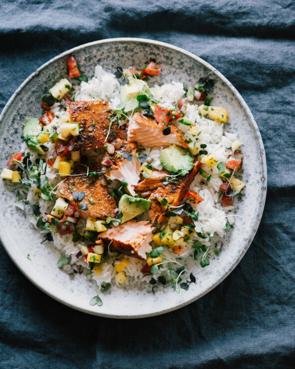 Blackened salmon with pico de gallo.