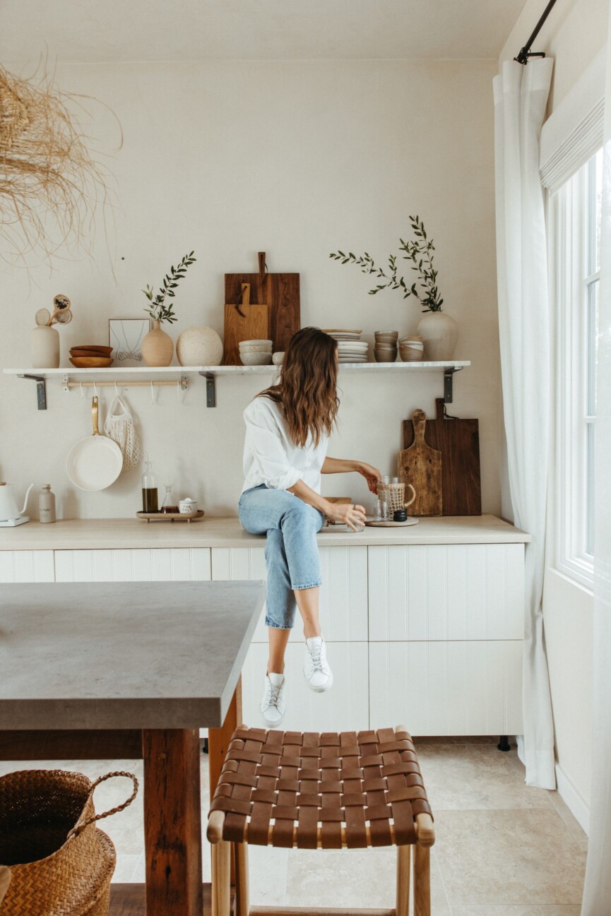 camille styles studio kitchen at home, open shelving, styling, casa zuma