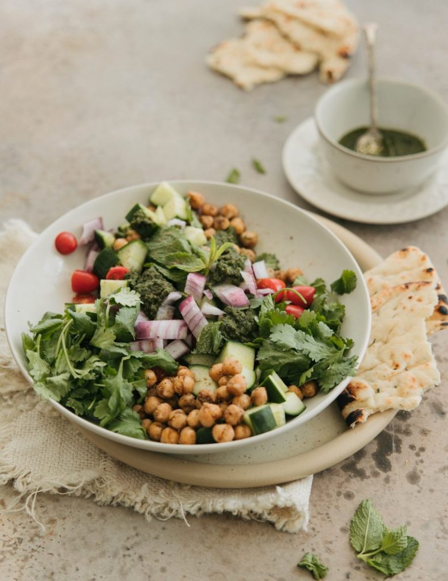 cumin chickpea salad with mint chutney