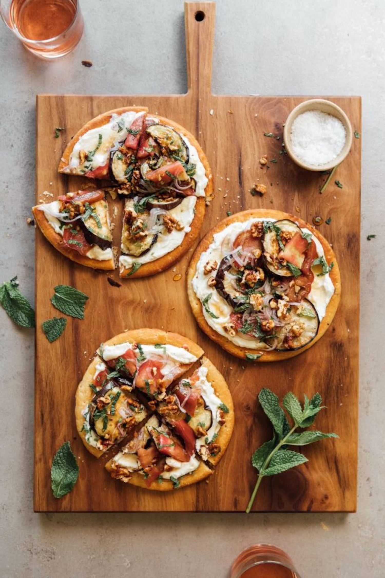 healthy flatbread pizza with eggplant and ricotta