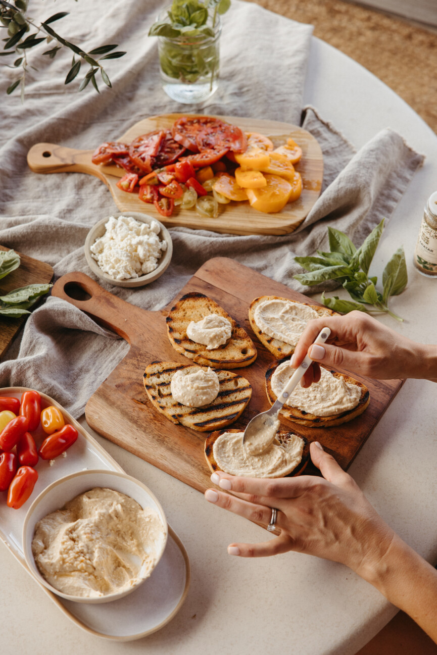 Hummus toast assembly.