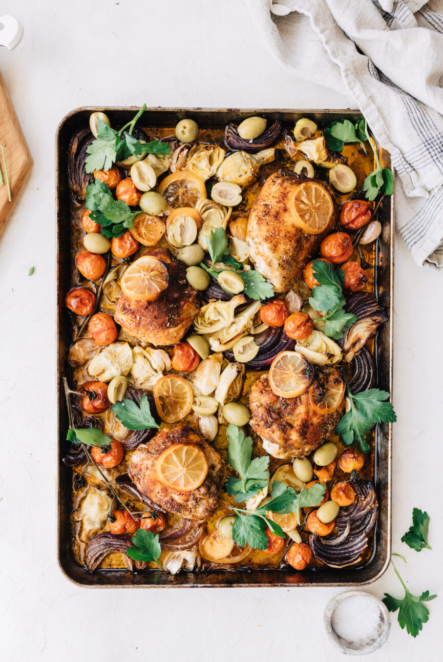 Lemony Sheet Pan Chicken With Artichokes and Spring Veggies