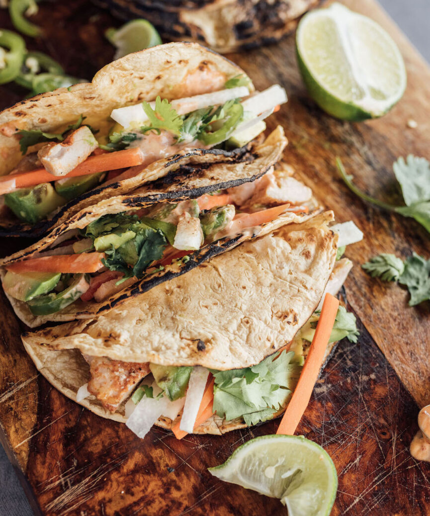 Lime-y Chicken Tacos With Jicama, Avocado, and Mint