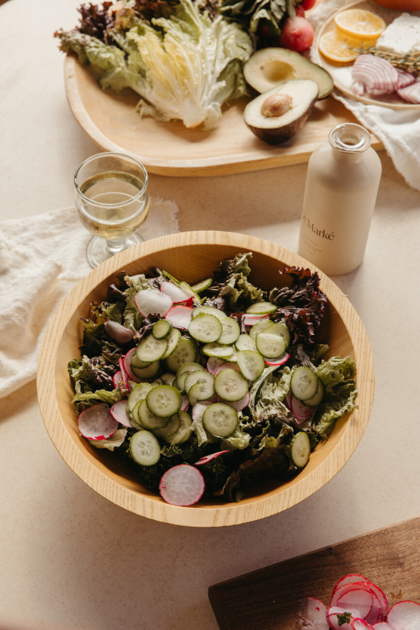 mediterranean salad al fresco - handcrafted wood salad bowl