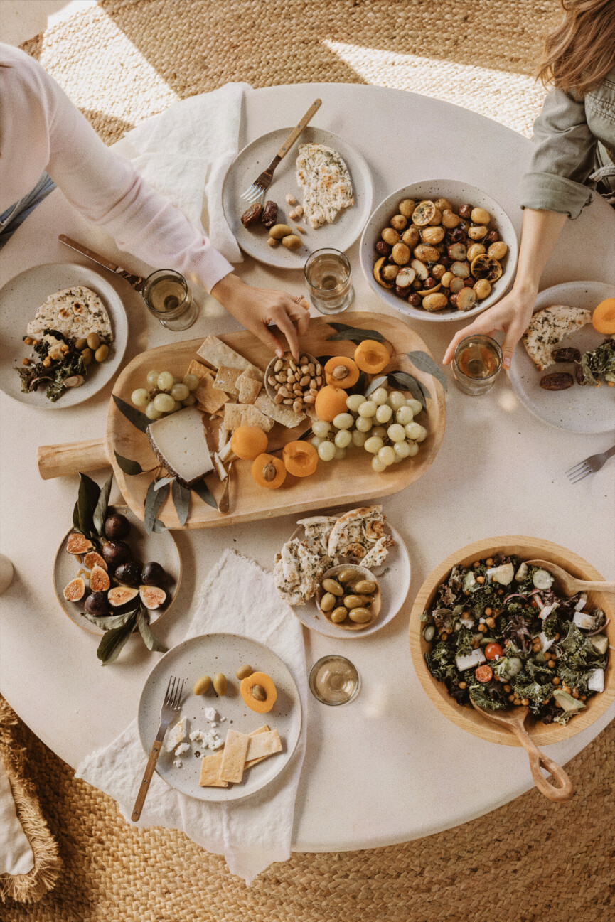 al fresco happy hour with appetizers and mediterranean salad