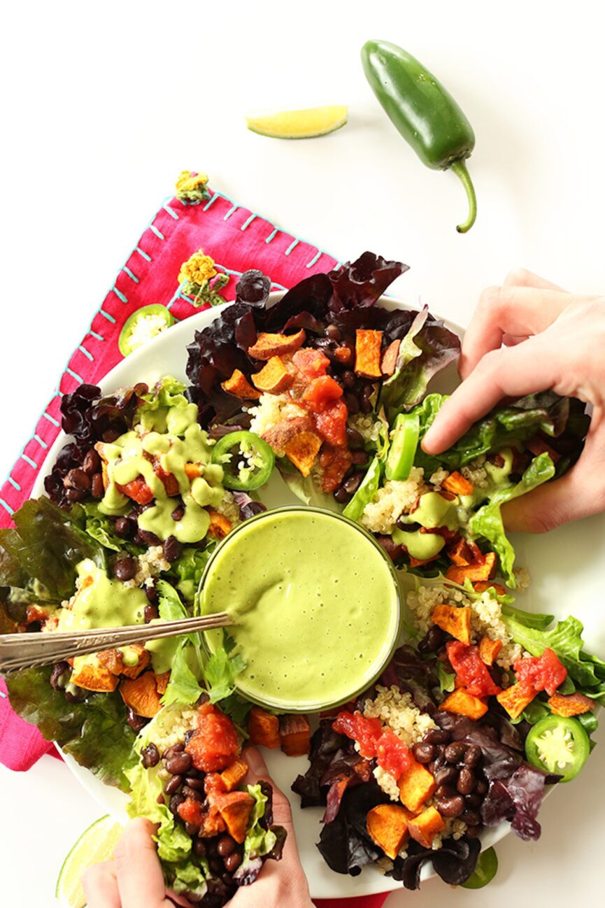 mexican quinoa salas cups with creamy cilantro lime dressing