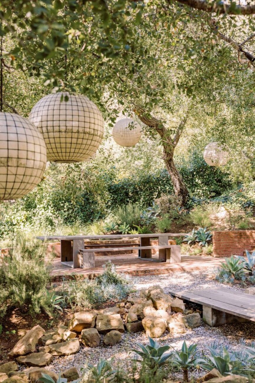 Outdoor backyard with large lanterns.