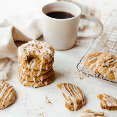 one bowl chewy pumpkin spice cookies with cinnamon glaze, coffee