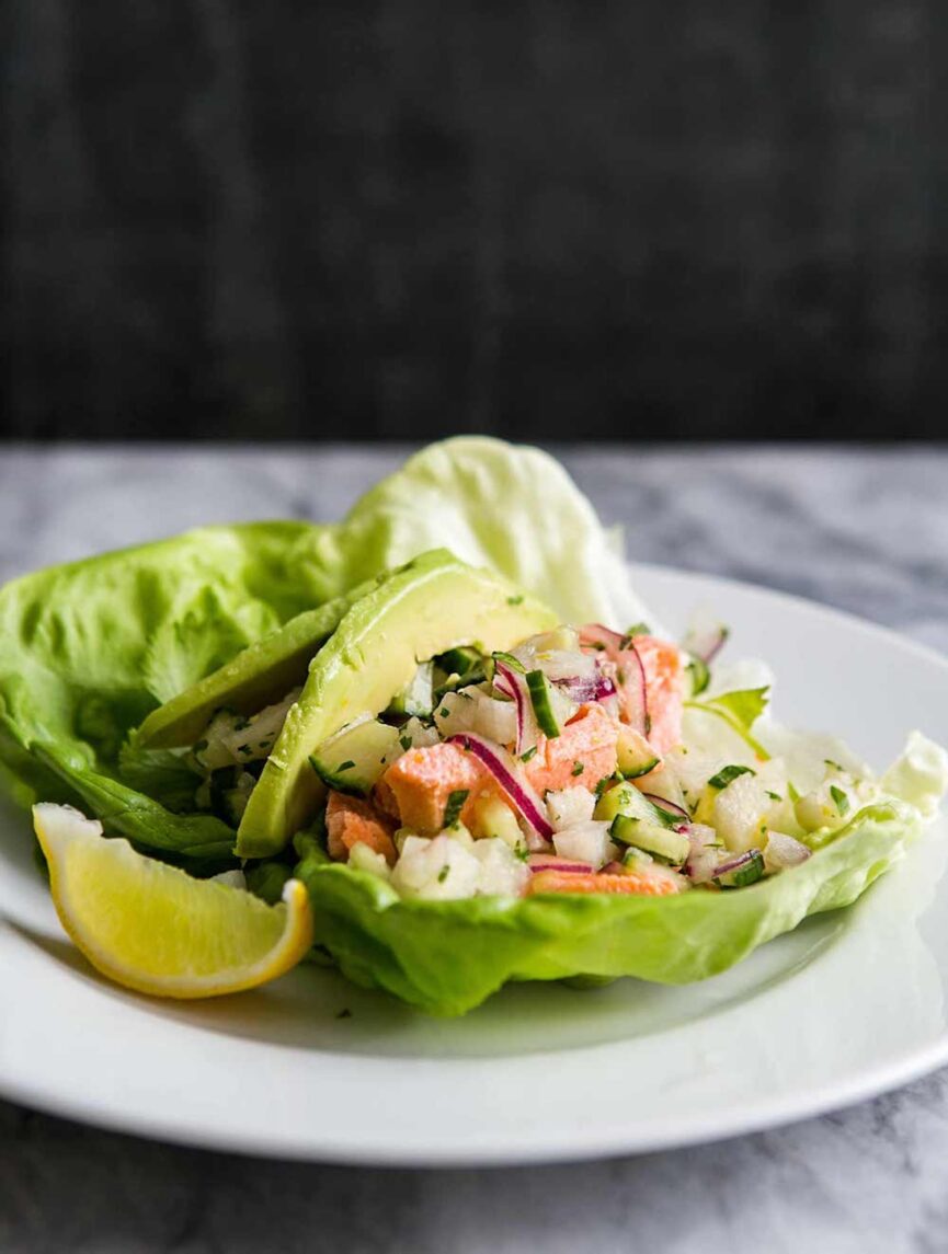 Salmon Lettuce Wraps With Cucumber, Jicama, and Ginger