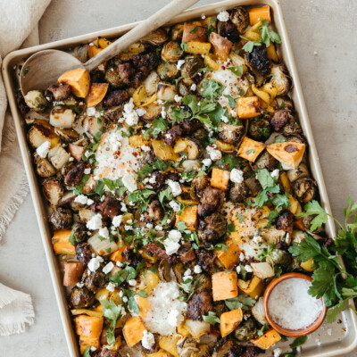 sheet pan harvest hash with sweet potatoes, brussels sprouts, and sausage - ingredients - vegetables - winter produce_postpartum nutrition