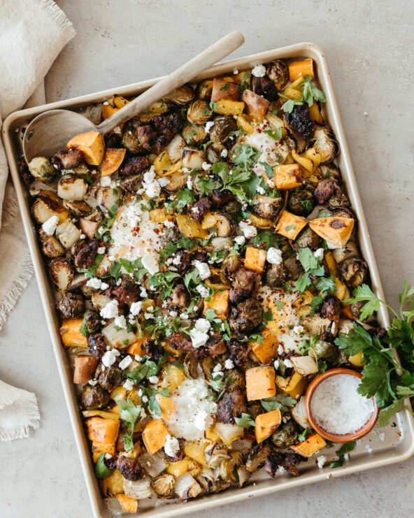 sheet pan harvest hash with sweet potatoes, brussels sprouts, and sausage - ingredients - vegetables - winter produce_postpartum nutrition