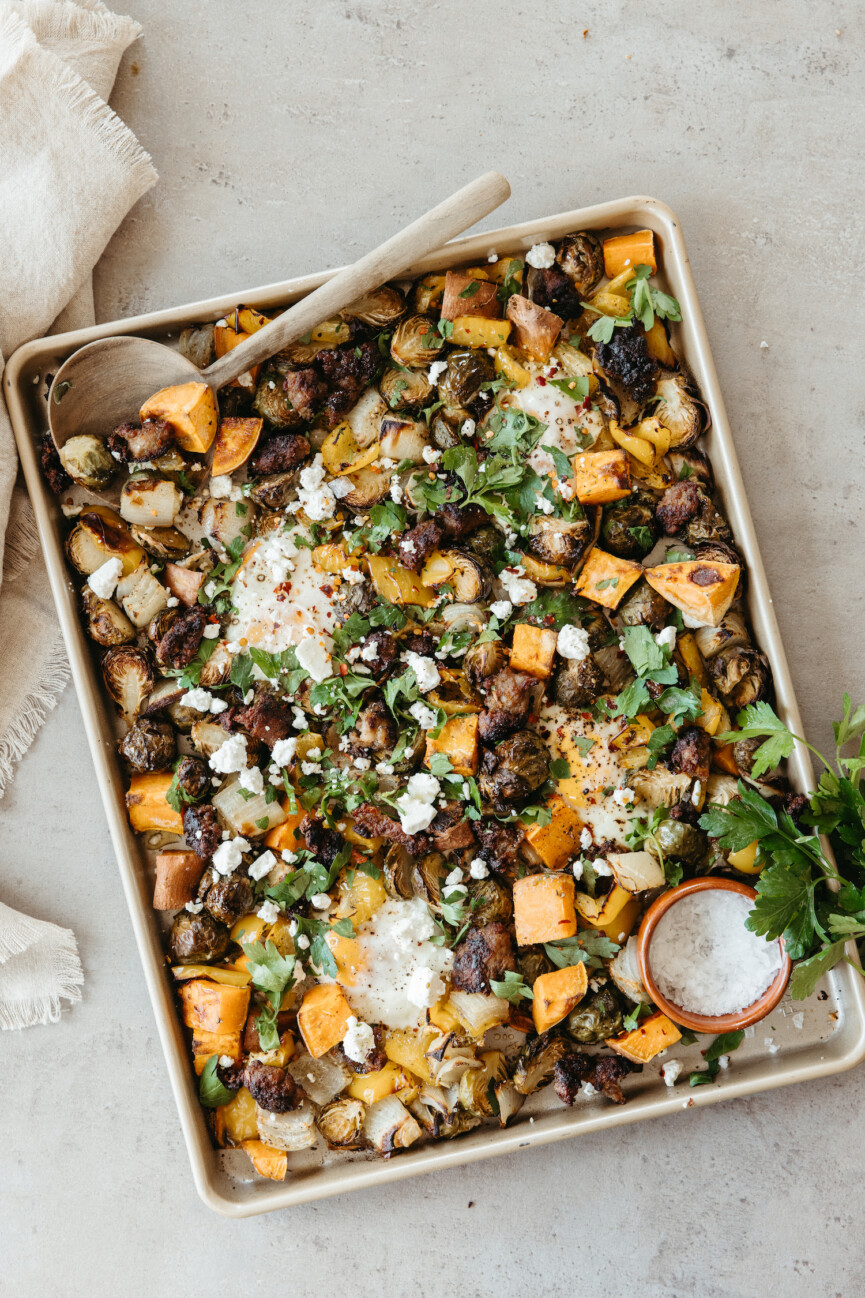 sheet pan harvest hash with sweet potatoes, brussels sprouts, and sausage - ingredients - vegetables - winter produce_postpartum nutrition