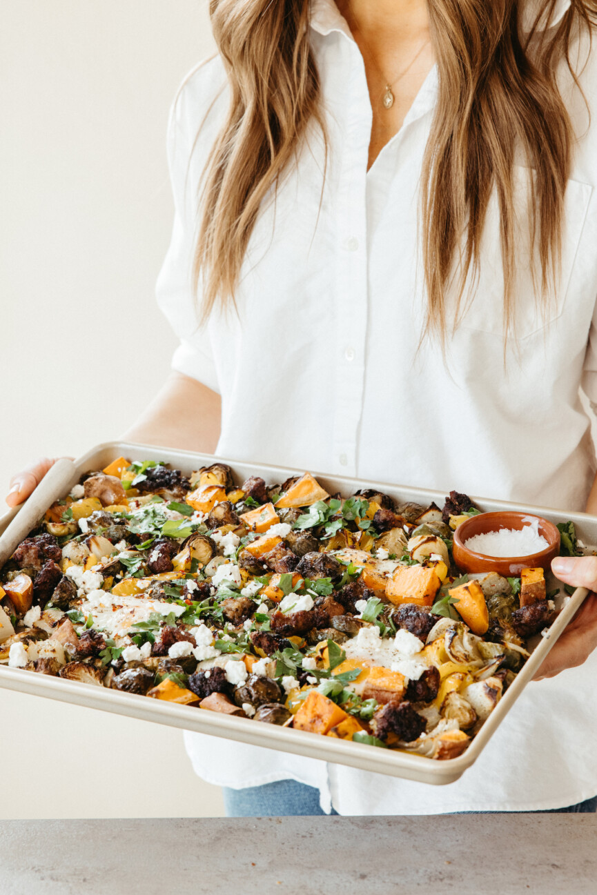 sheet pan harvest hash with sweet potatoes, brussels sprouts, and sausage - ingredients - vegetables - winter produce