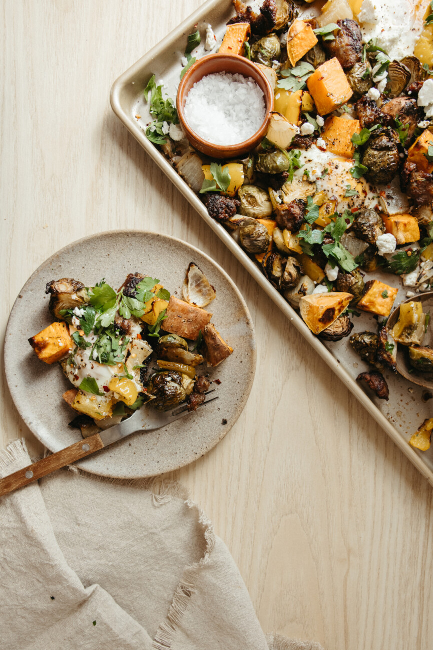 sheet pan harvest hash with sweet potatoes, brussels sprouts, and sausage - ingredients - vegetables - winter produce_probiotic foods