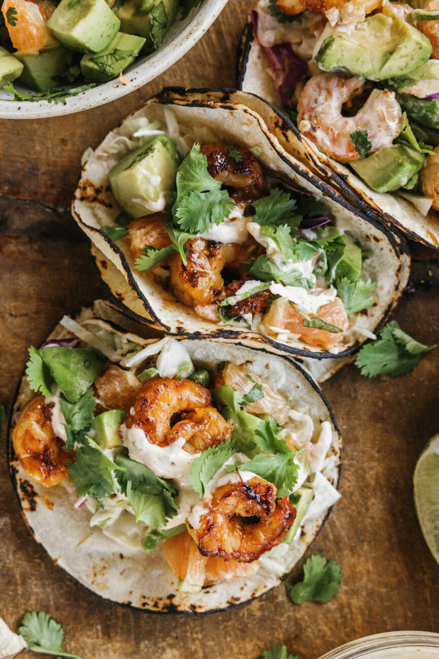 Grilled Shrimp Tacos with Grapefruit-Avocado Salsa