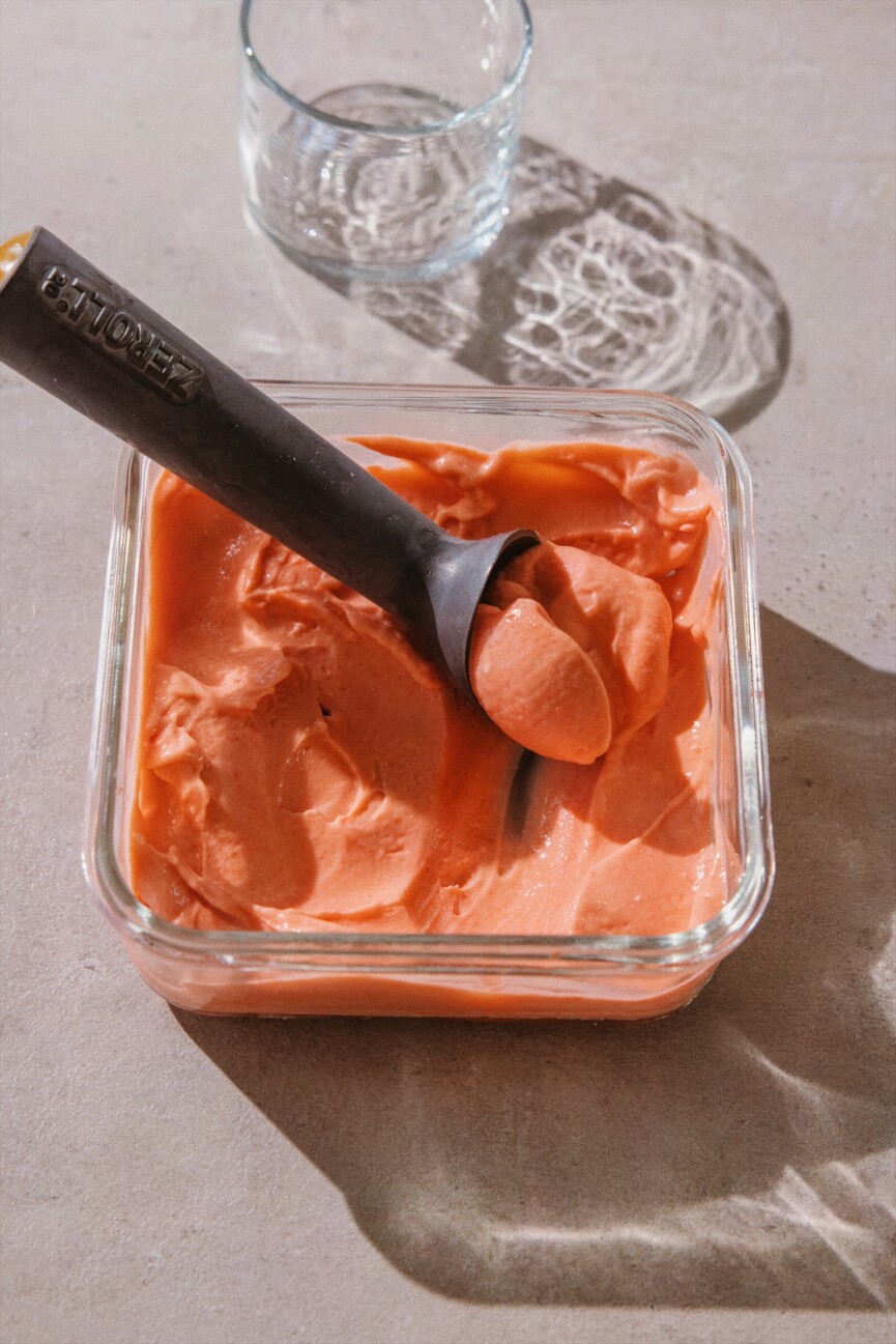 strawberry sorbet in glass container