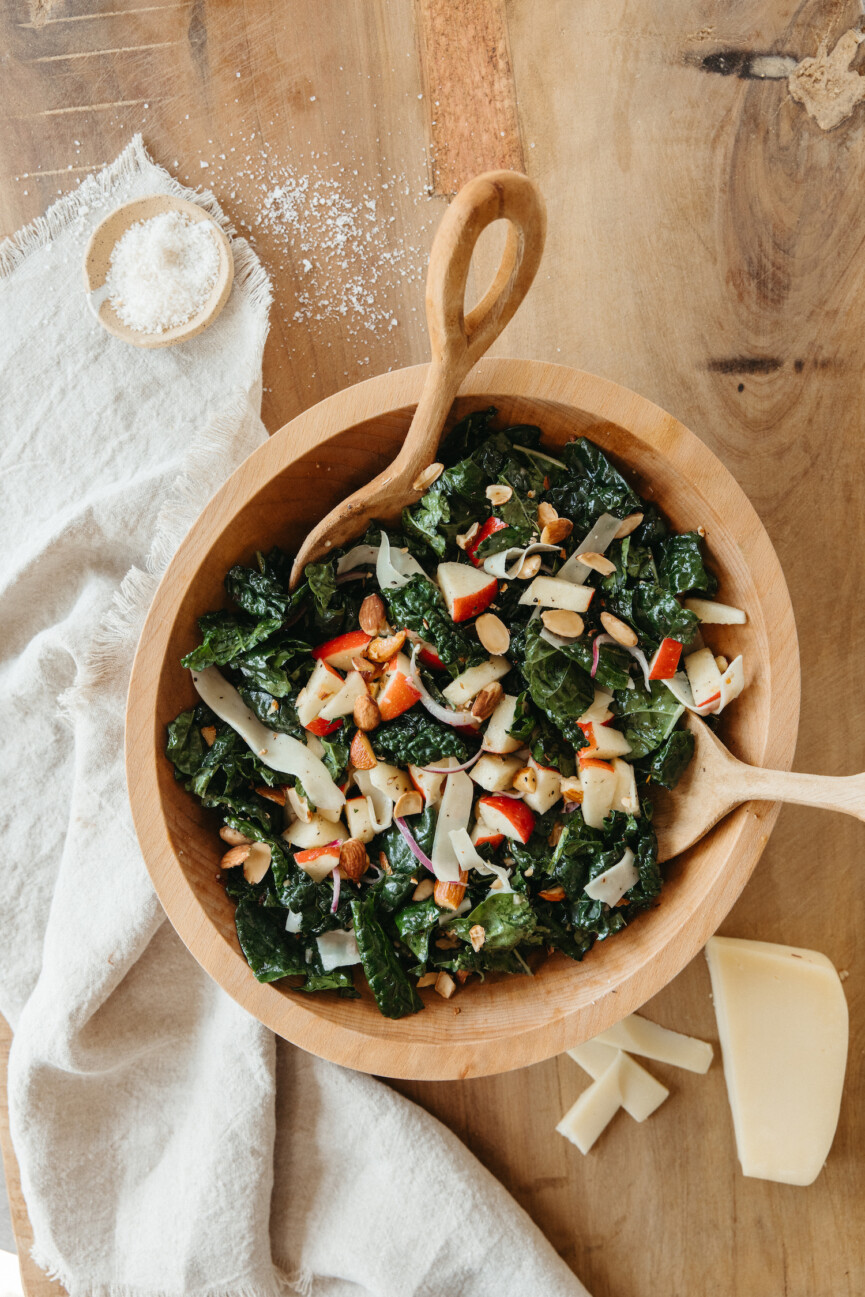 kale apple salad with almonds and gruyere