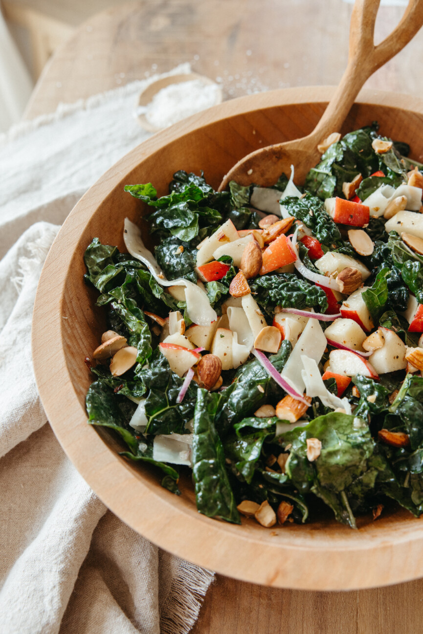 kale apple salad with almonds and gruyere